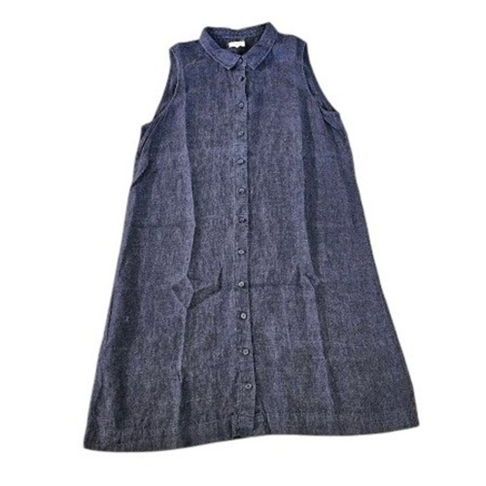 Garnet Hill 100% Linen Sleeveless Shirt Dress Dark Blue Button Front Size 14